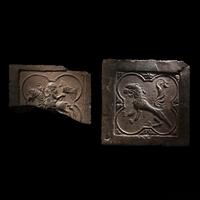 Two Medieval Earthenware Floor Tiles with a Falconer and Lion