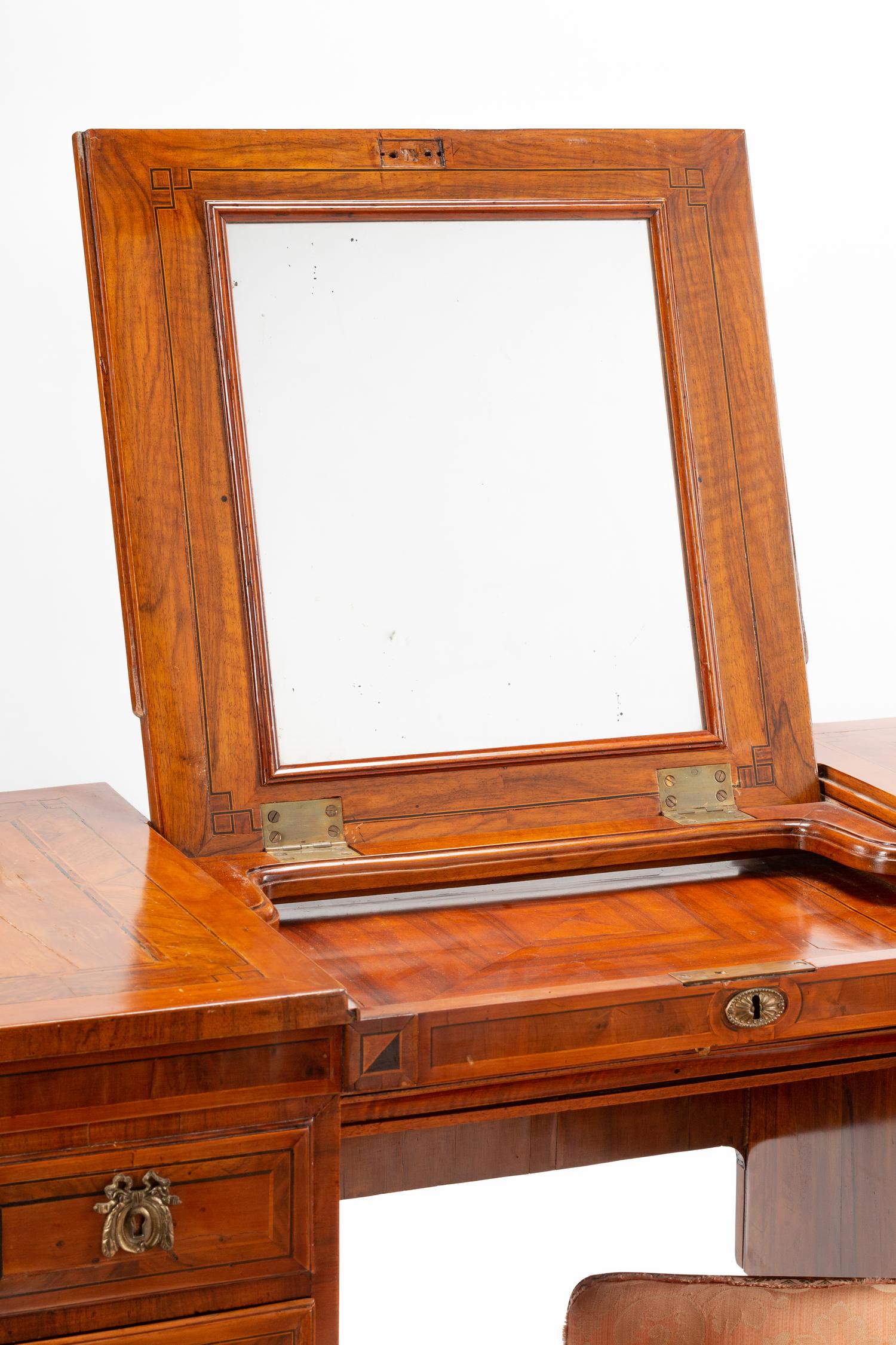 An Italian Walnut and Marquetry Mechanical Dressing Table with an Integrated Chair