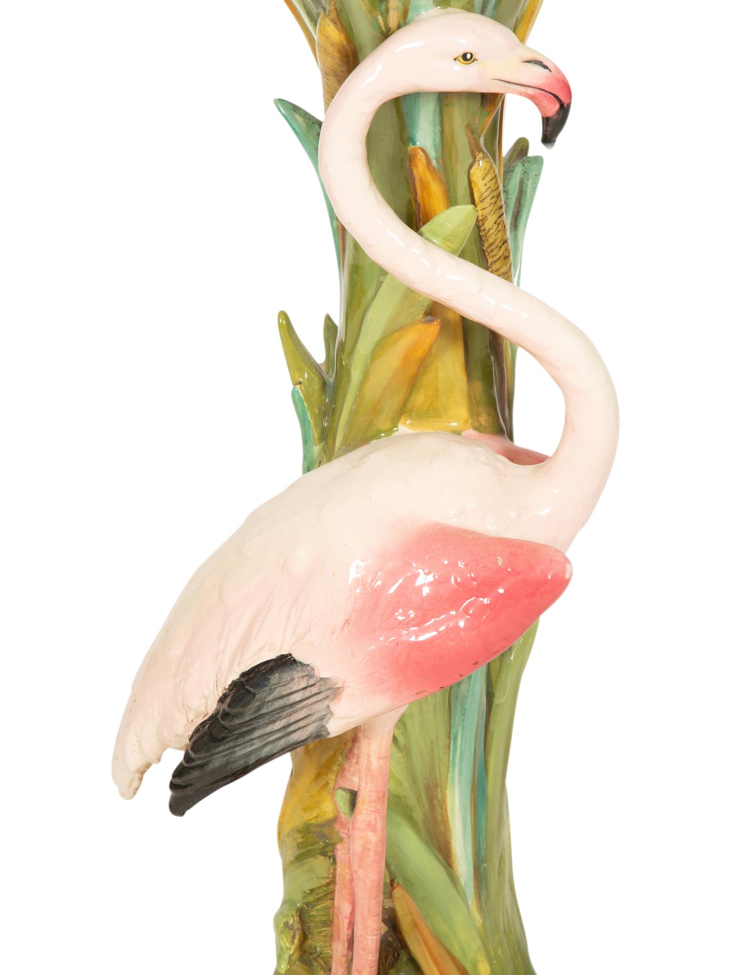 A Jerome Massier for Vallauris Majolica Roses and Butterfly Jardiniere on a Flamingo Pestal