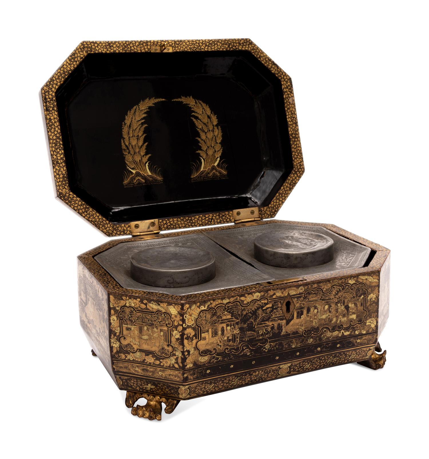 A Chinese Export Lacquered Tea Caddy