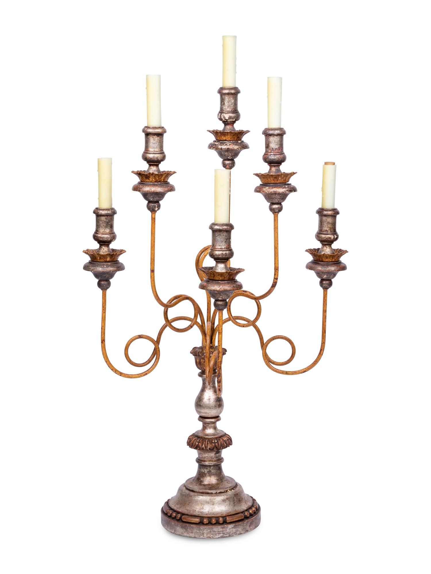 An Italian Silvered and Polychrome-Decorated Six-Light Candelabrum