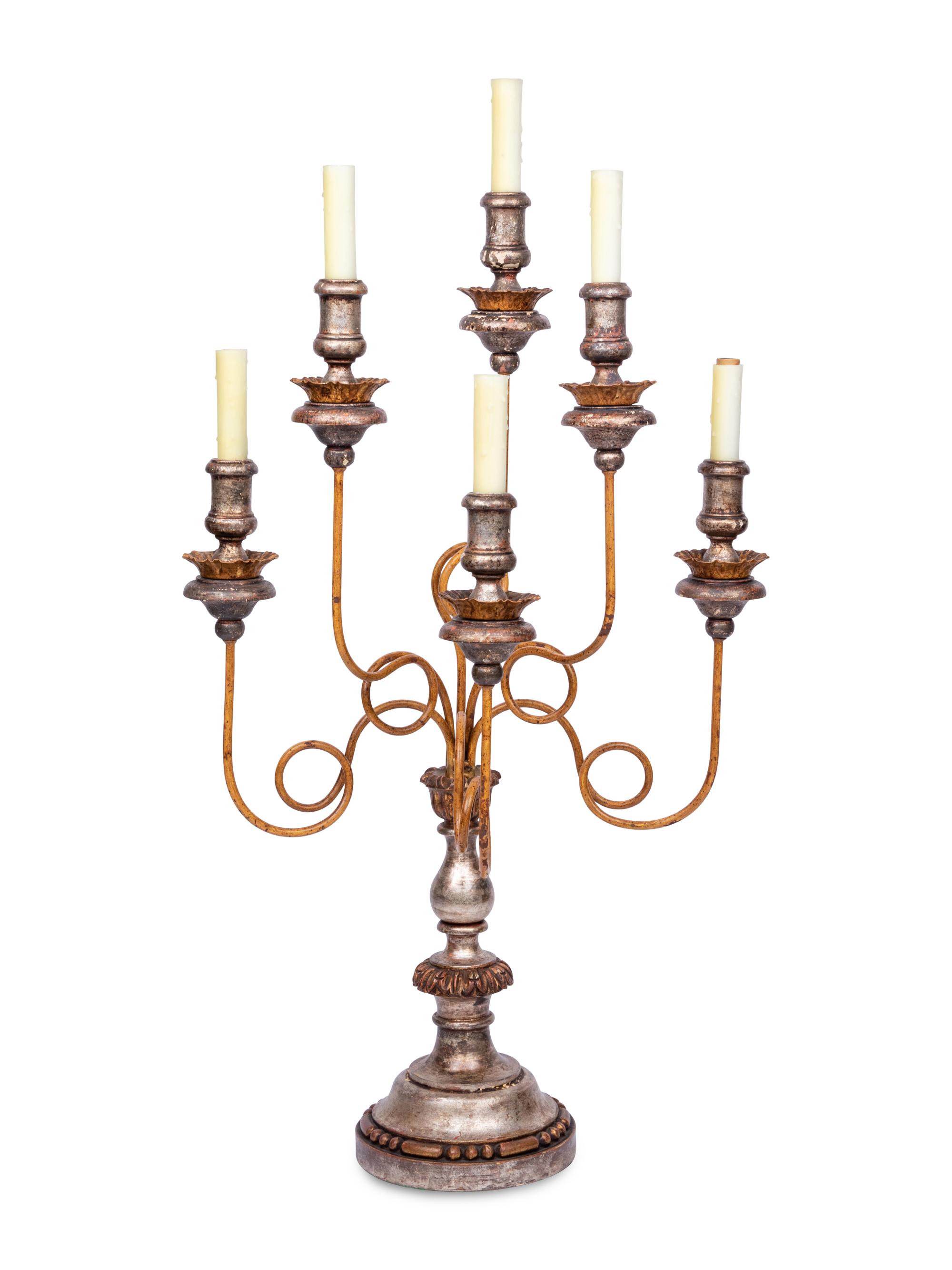 An Italian Silvered and Polychrome-Decorated Six-Light Candelabrum