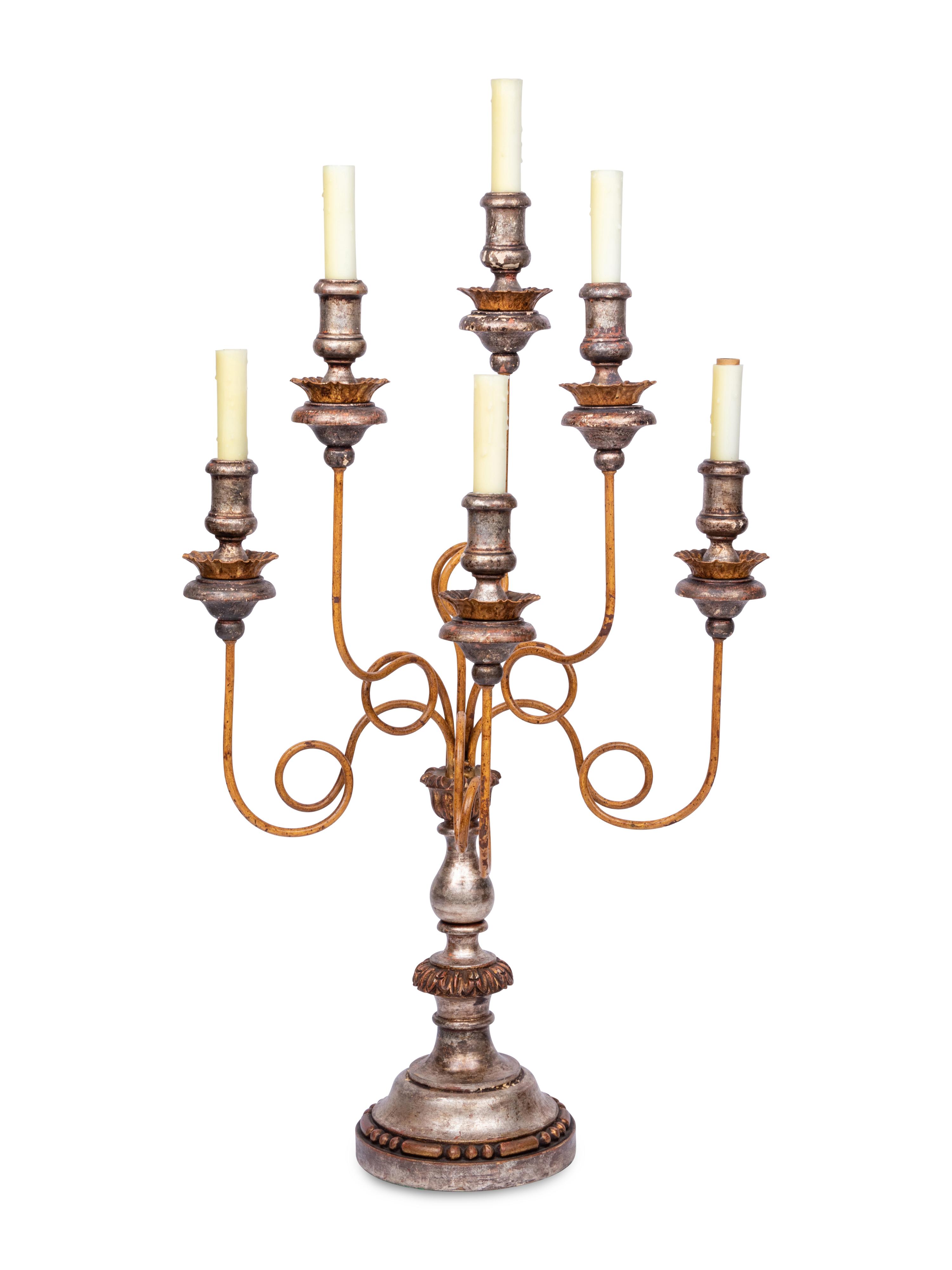 An Italian Silvered and Polychrome-Decorated Six-Light Candelabrum