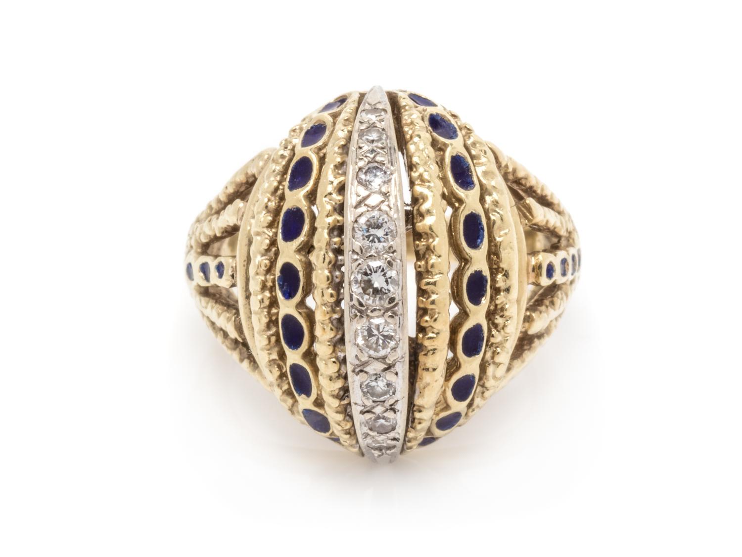 A 14 Karat Bicolor Yellow Gold, Diamond and Enamel Ring,