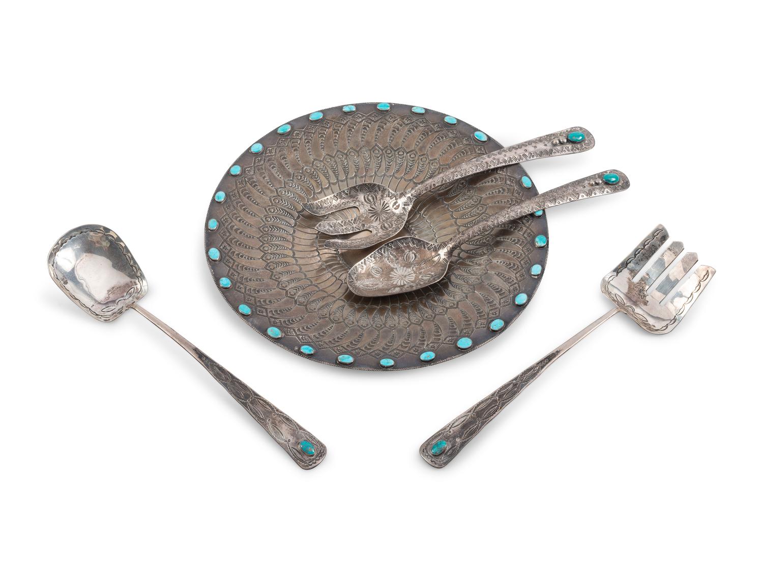 A Navajo Stamped Silver Plate and Serving Utensils, with Turquoise