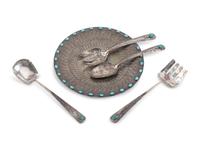 A Navajo Stamped Silver Plate and Serving Utensils, with Turquoise