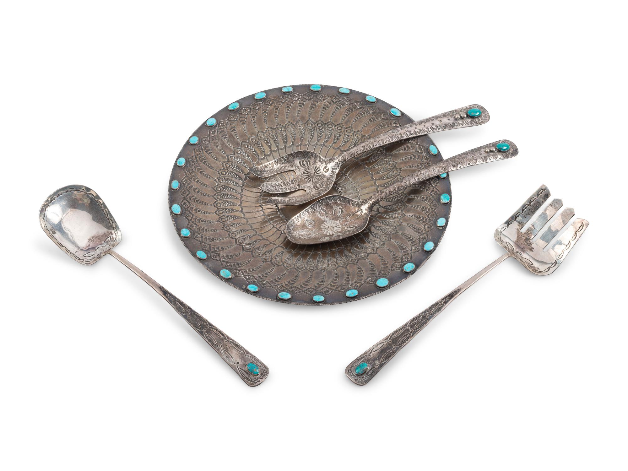A Navajo Stamped Silver Plate and Serving Utensils, with Turquoise