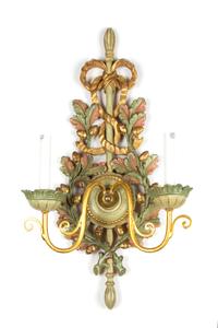 An Italian Carved and Painted Giltwood Two-Light Wall Sconce Height 25 inches. — 20TH CENTURY