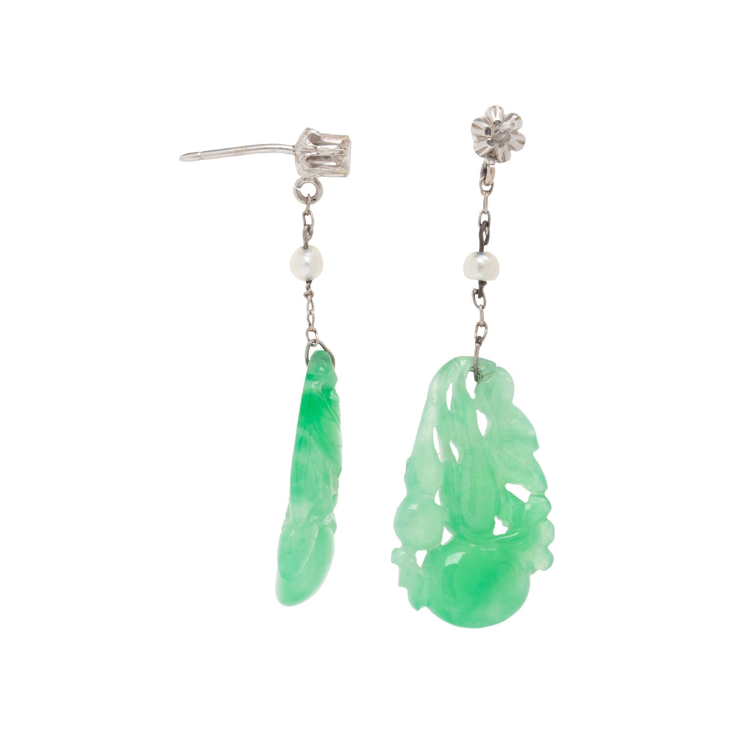 ANTIQUE, JADE, DIAMOND AND SEED PEARL EARRINGS