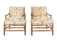 A Pair of Turned Walnut Armchairs with Crewelwork Upholstery