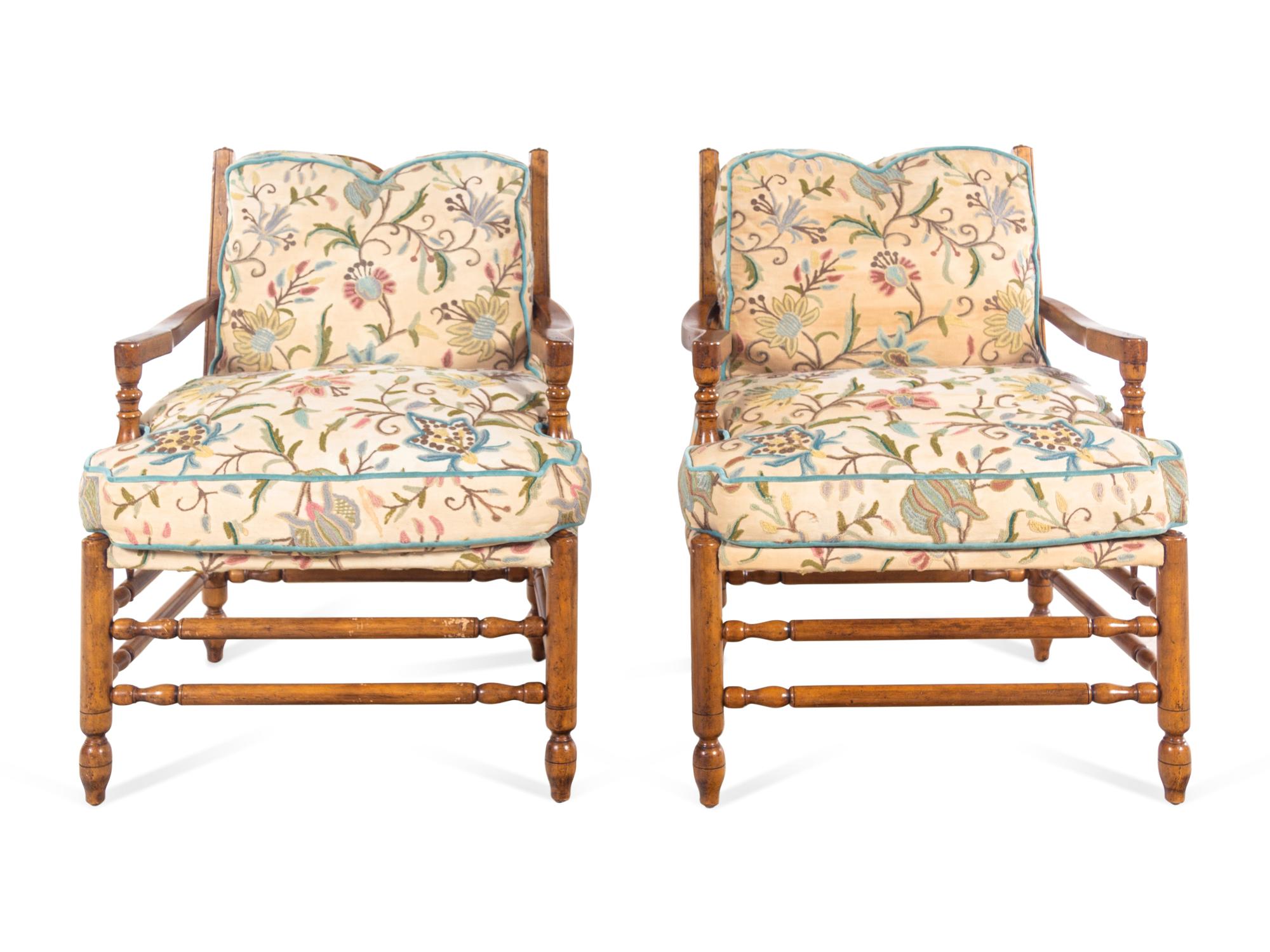 A Pair of Turned Walnut Armchairs with Crewelwork Upholstery