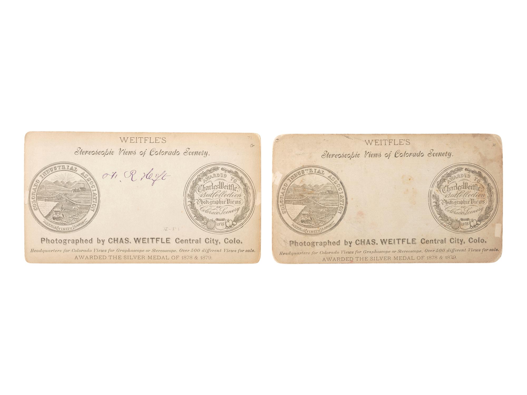 [WESTERN AMERICANA]. WEITFLE, Charles (1836-1921), photographer. A group of 7 stereoviews of Colorado, incl. a group of miners and adventurers traveling by horse-drawn wagon.