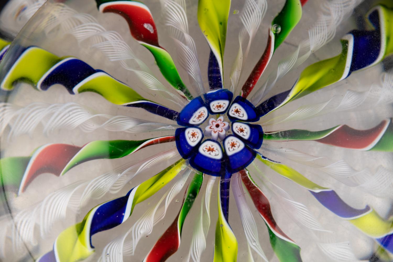 A Four-Color Ribbon and Latticino Twist Crown Glass Paperweight