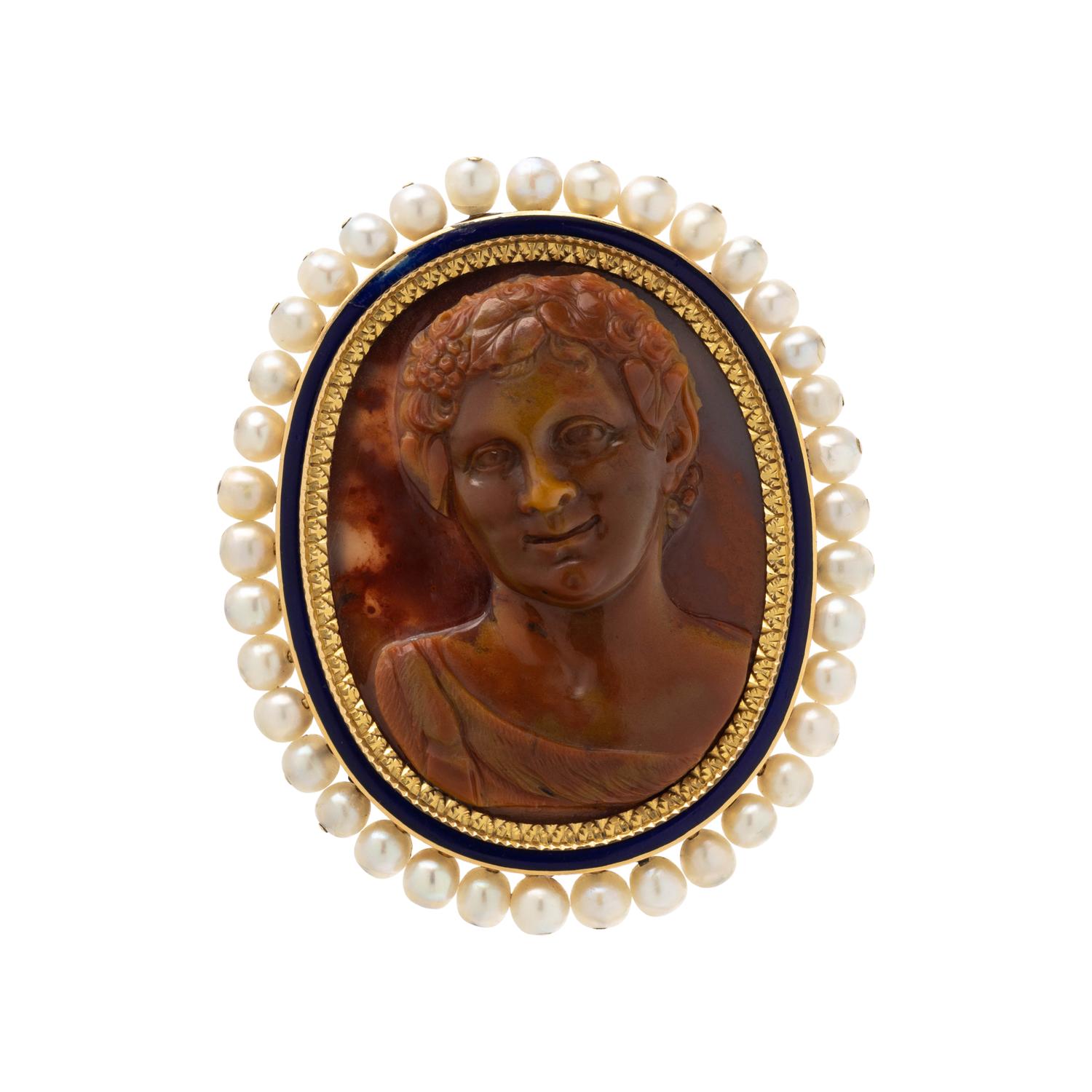 ANTIQUE, AGATE CAMEO, PEARL AND ENAMEL BROOCH