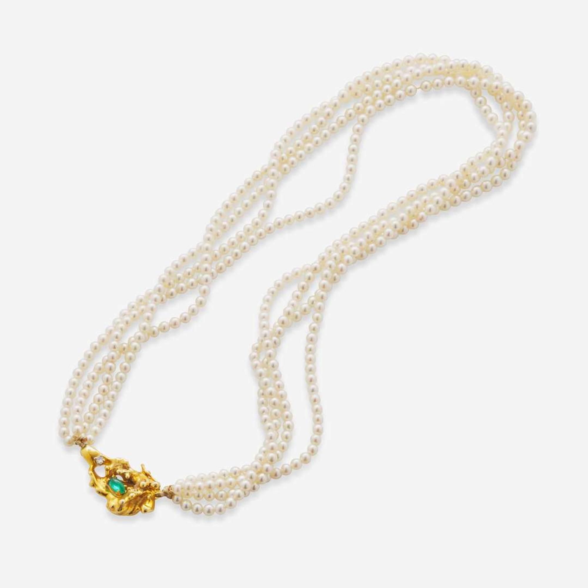 Pearl Torsade with Gold and Emerald Clasp