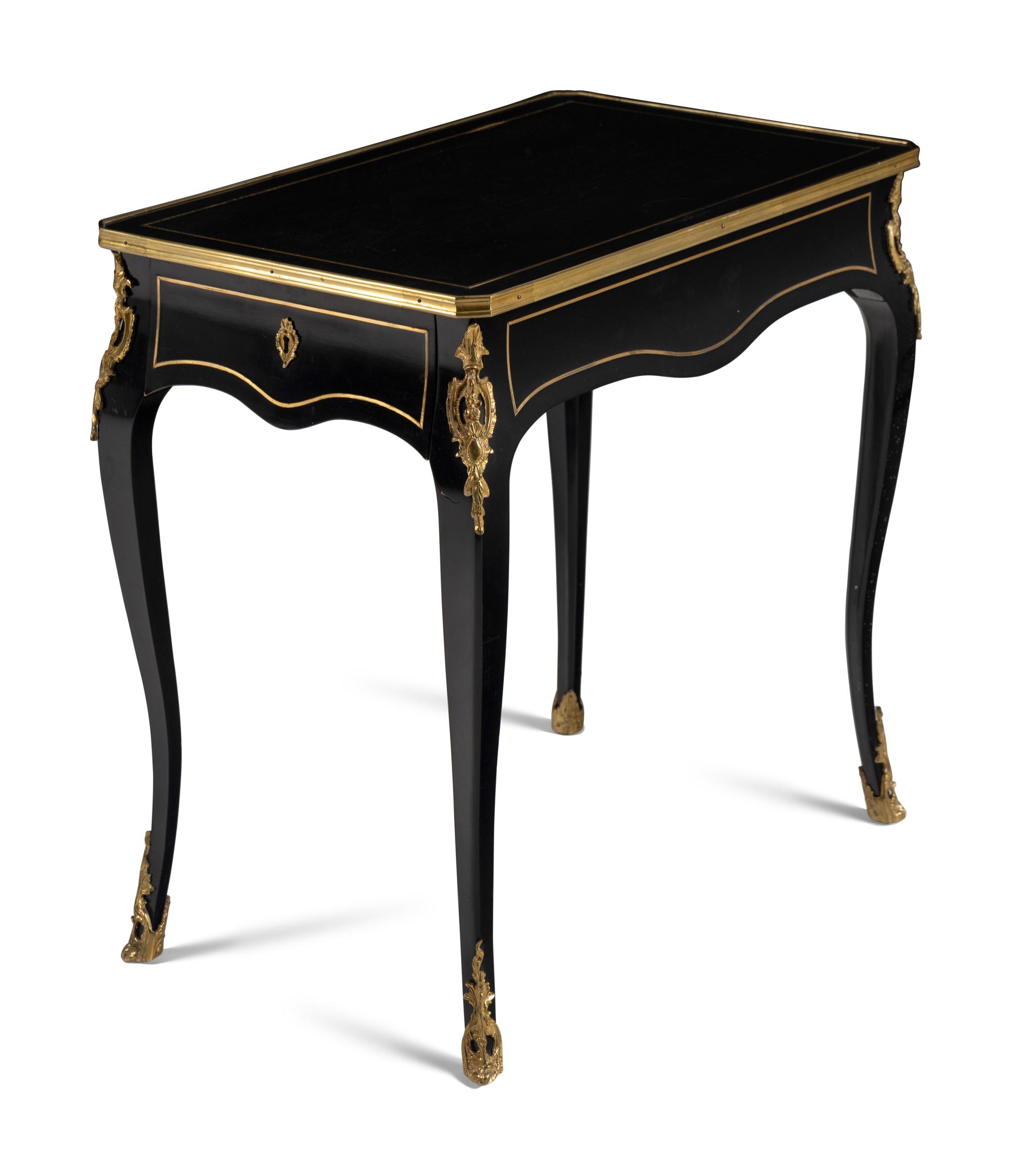A Napoleon III Style Gilt Bronze Mounted Ebonized Table