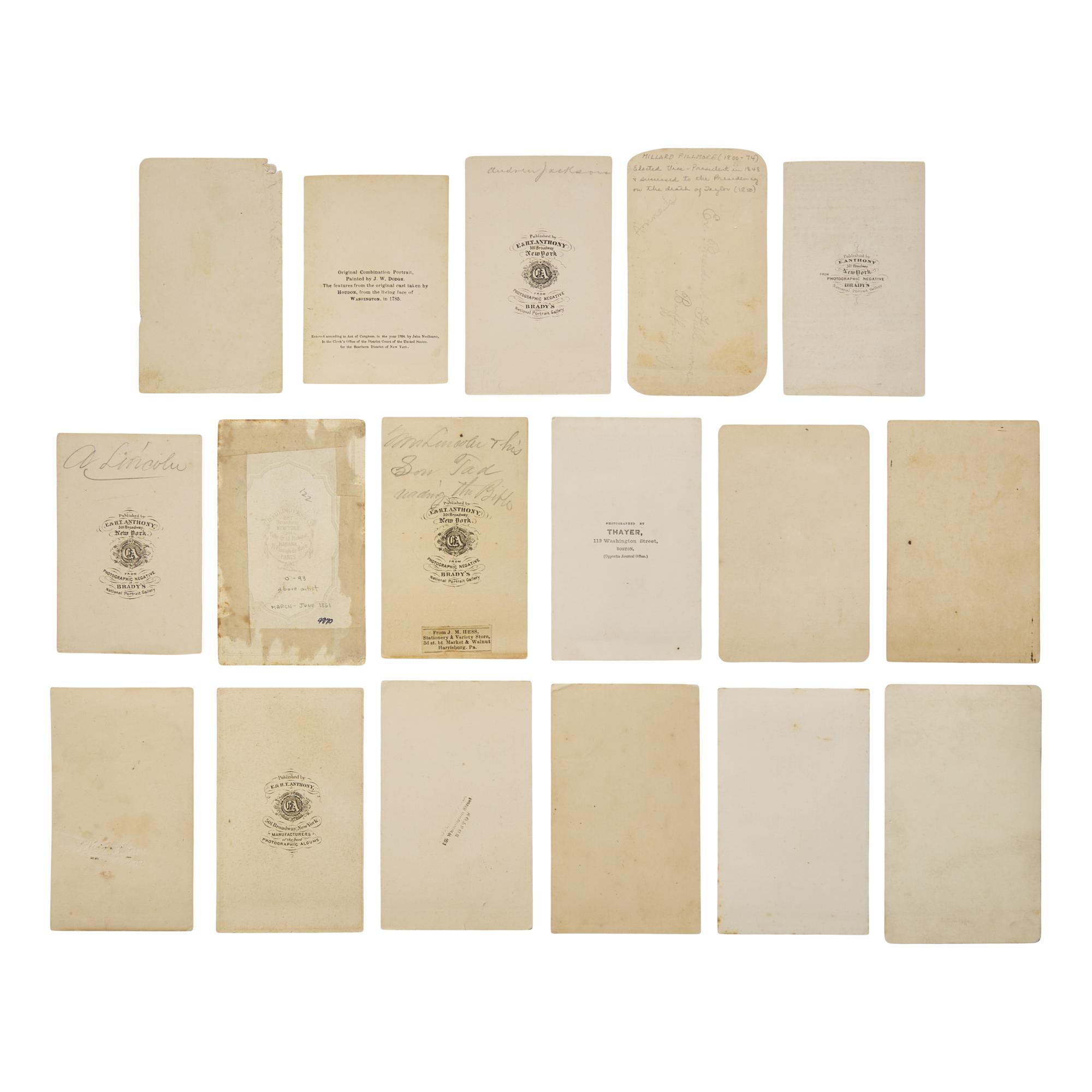 [Early Photography-Politics] Group of 17 CDVs of Founding Fathers and presidents, with related prints
