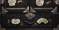 A Japanese Porcelain and Metal Inset Wood Chest