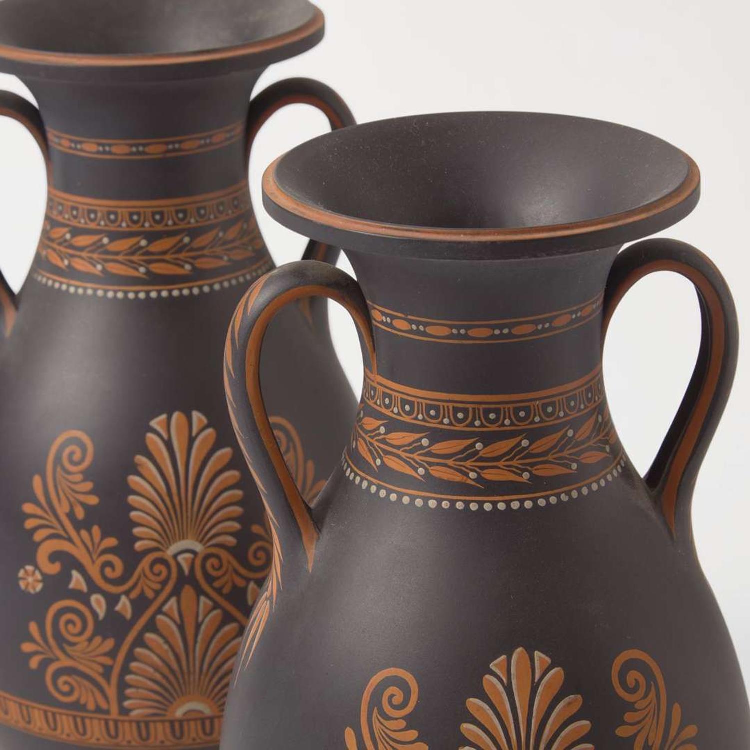 A Pair of Wedgwood Black Basaltes (Basalt) Encaustic-Decorated Handled Vases UK, circa 1800