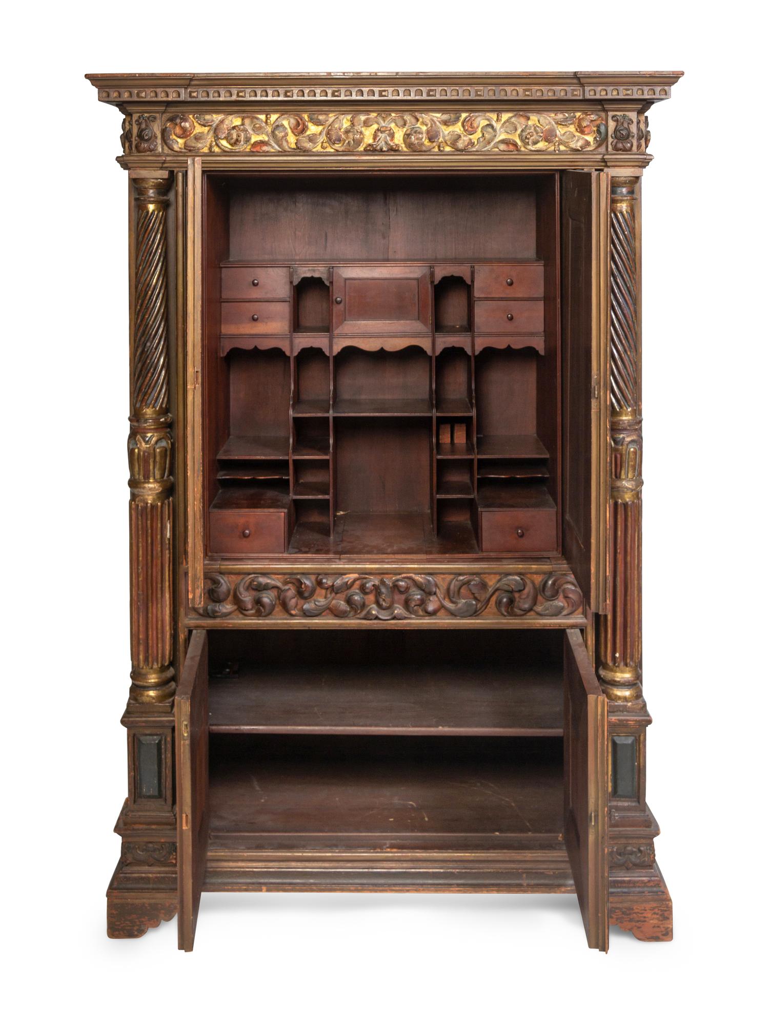 A Continental Painted and Parcel Gilt Secretary Cabinet