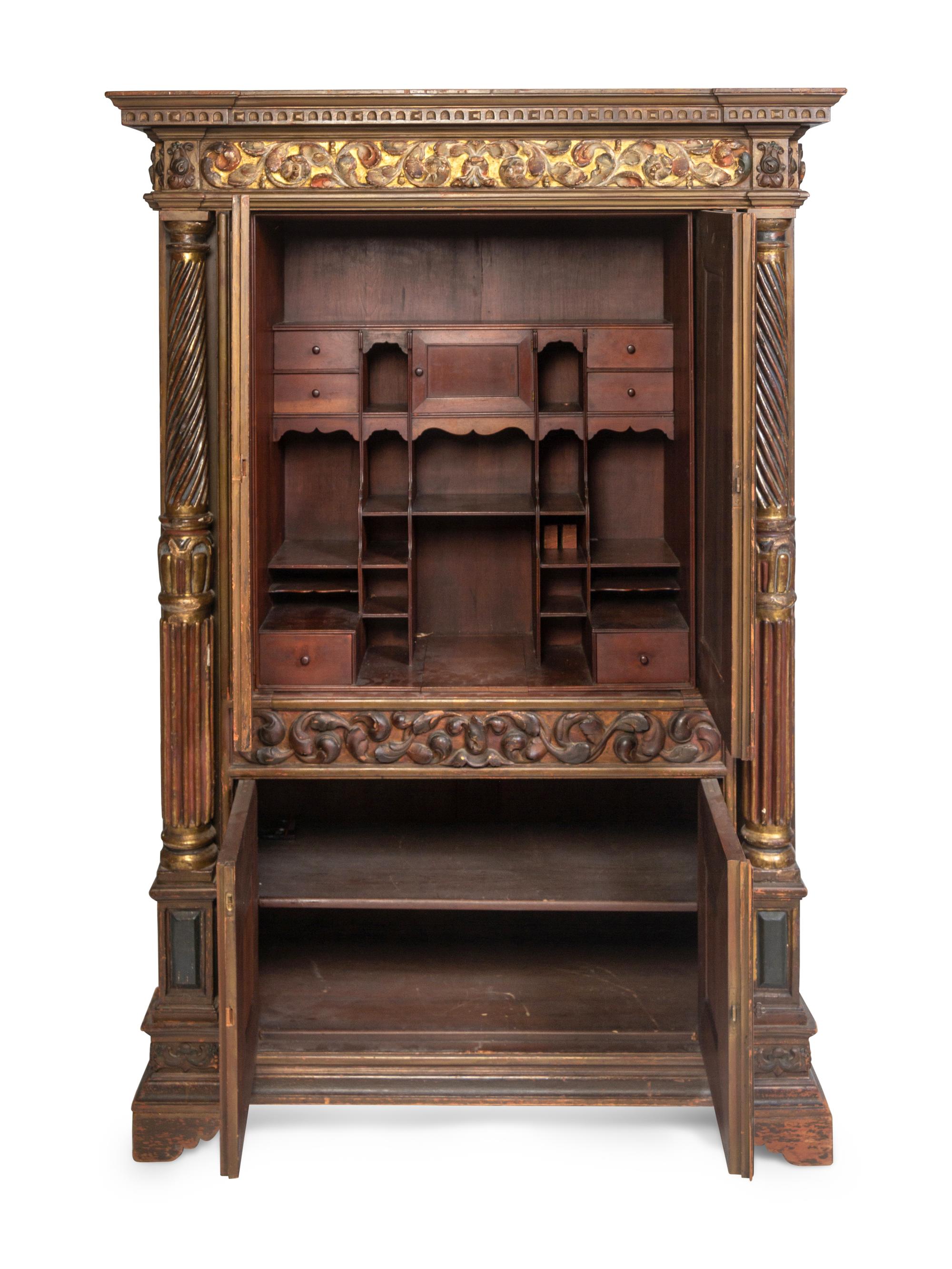 A Continental Painted and Parcel Gilt Secretary Cabinet