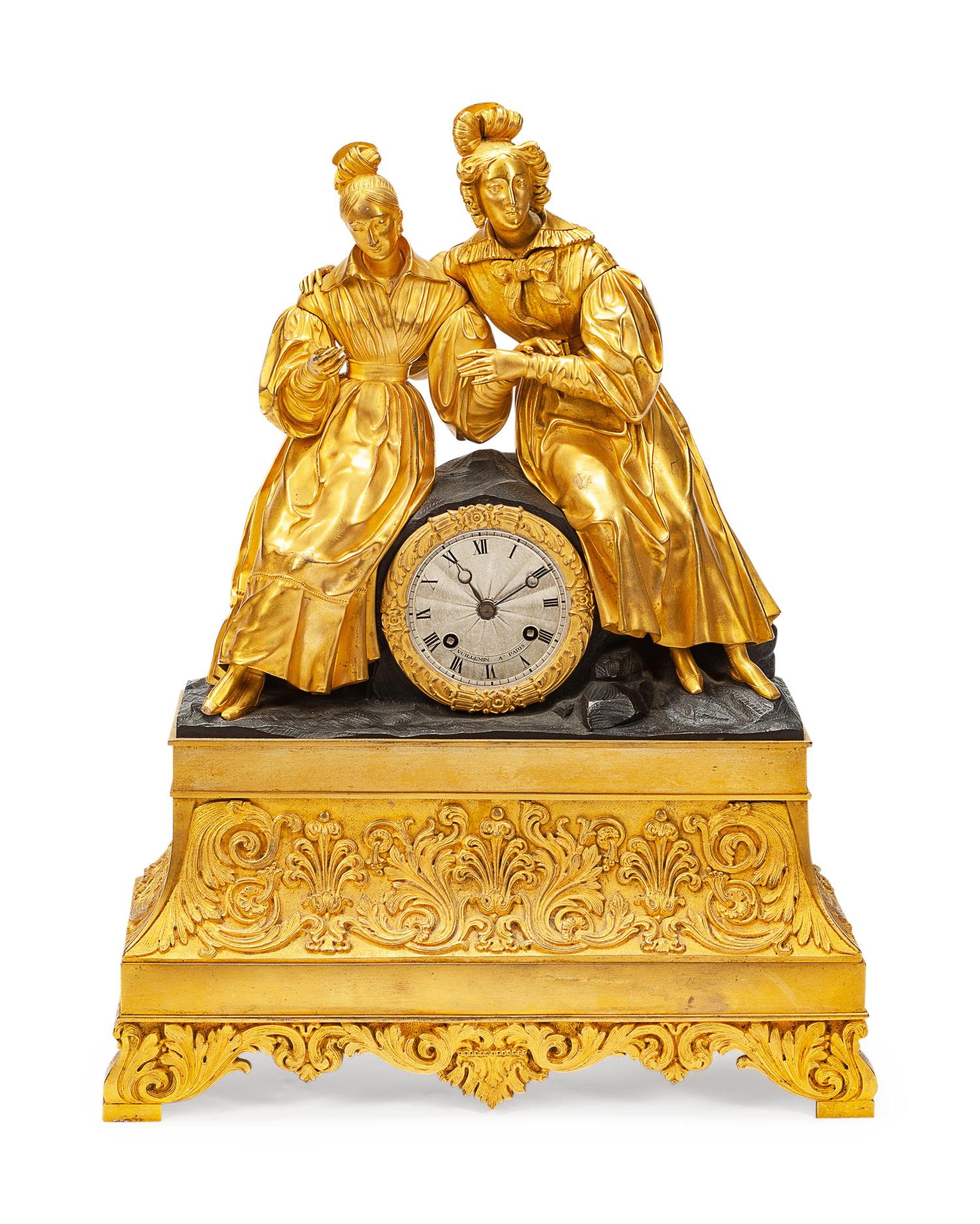 A French Gilt and Patinated Bronze Figural Mantel Clock