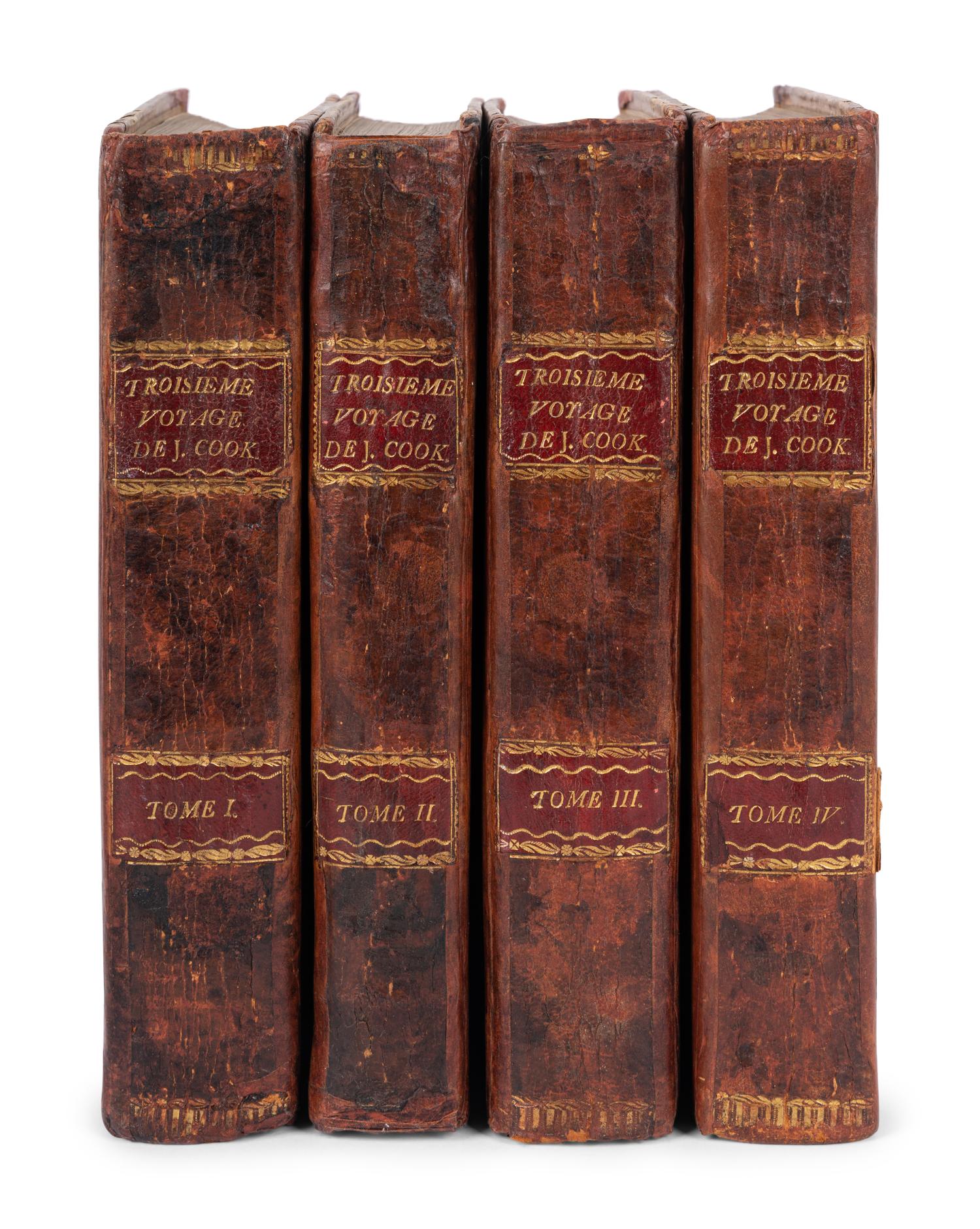 [EXPLORATION -- PACIFIC]. COOK, Capt. James (1728-1779), and Capt. James KING (1750-1784). [Third voyage]. Troisieme voyage de Cook, ou voyage a l'ocean Pacifique... pour faire des decouvertes dans l'hemisphre nord, pour determiner la position & le'tendue de la cote ouest de l'Amerique Septentrionale, sa distance de l'Asie, & resoudre la question du passage au nord. Execute sous la direction des Capitaines Cook, Clerke & Gore, sur les vaisseaux la Resolution & la Decouverte, en 1776, 1777, 1778, 1779 & 1780 . Translated from English into French by Jean Nicholas Demunier. Paris: Hotel de Thou, 1785.