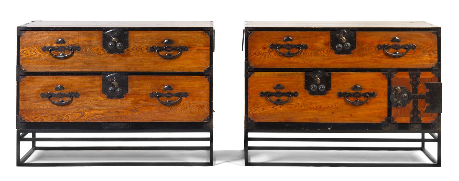 A Pair of Iron Mounted Tansu Chests Height 32 1/2 x width 45 x depth 17 1/2 inches.