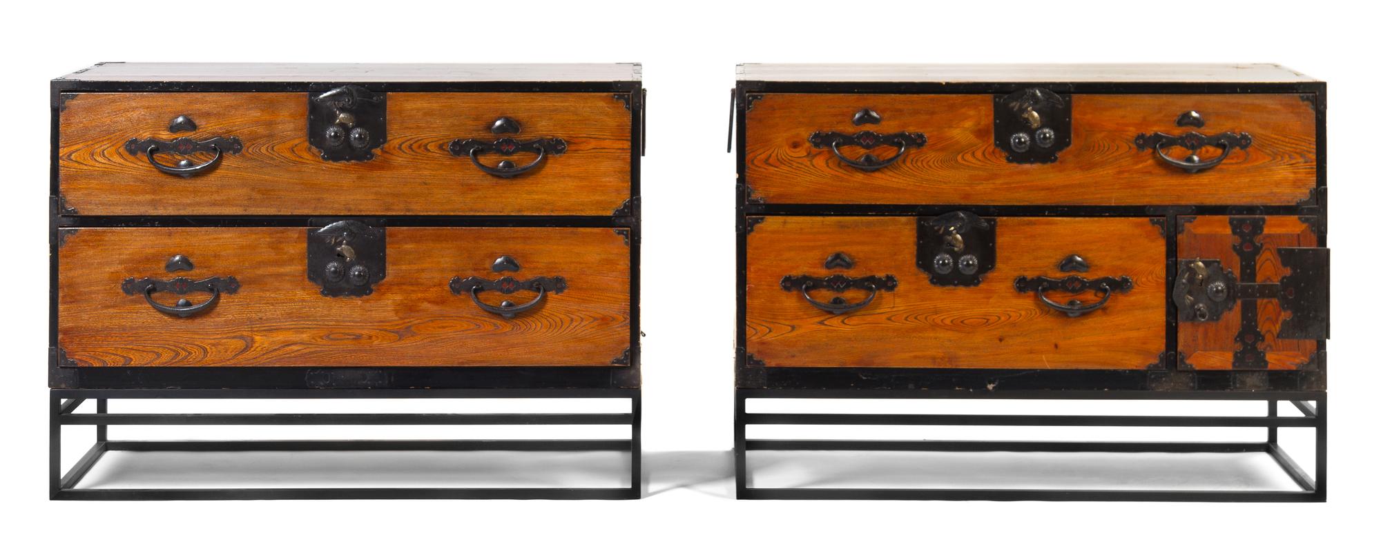 A Pair of Iron Mounted Tansu Chests Height 32 1/2 x width 45 x depth 17 1/2 inches.
