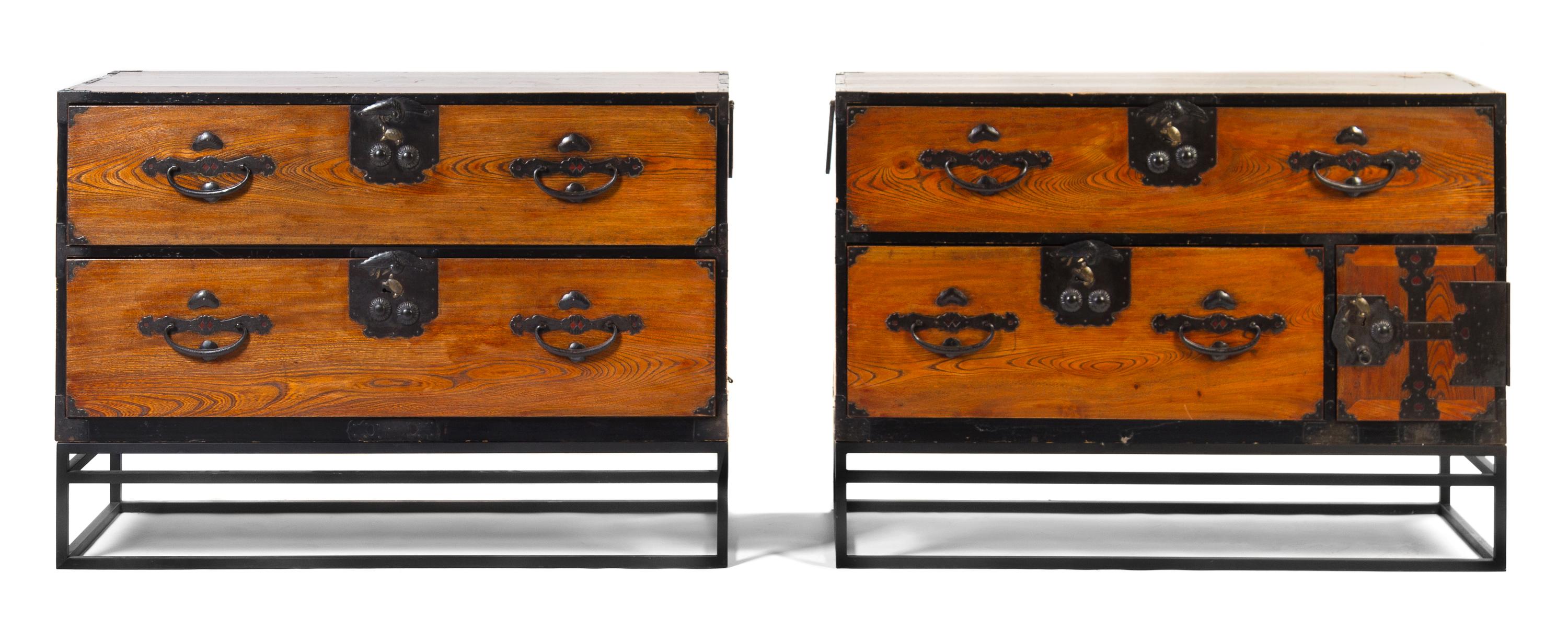 A Pair of Iron Mounted Tansu Chests Height 32 1/2 x width 45 x depth 17 1/2 inches.