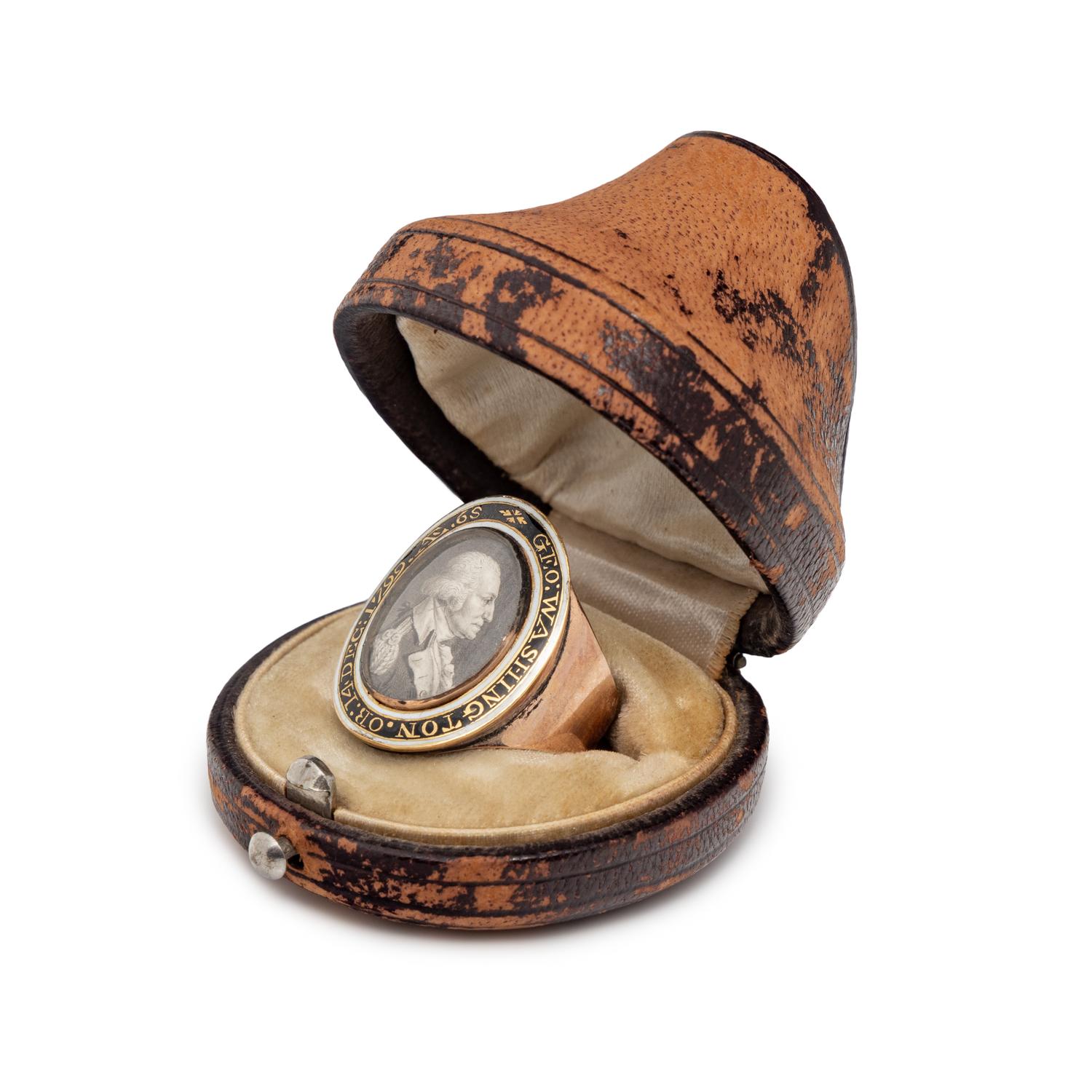 [WASHINGTON, George (1732-1799)]. SAINT-MEMIN, Charles Balthazar Julien Févret de (1770-1852). Gold alloy and enamel mourning ring purportedly bequeathed in Washington's last will and testament. Circa 1800.