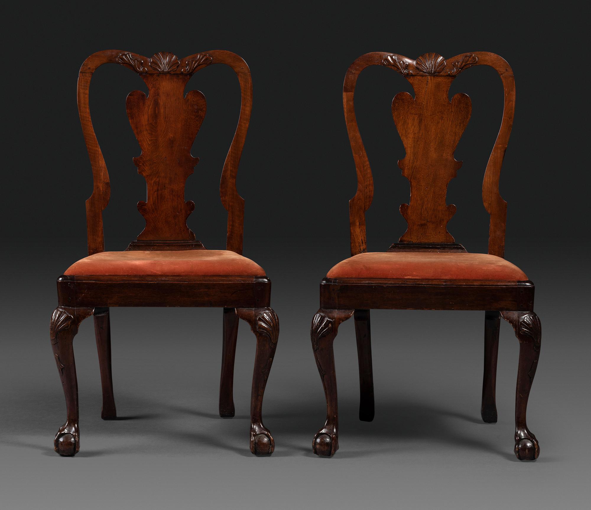 A Pair of Queen Anne Shell Carved Mahogany Side Chairs