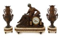 A Louis XVI Style Gilt Metal and Marble Clock Garniture, Height of clock 19 inches.