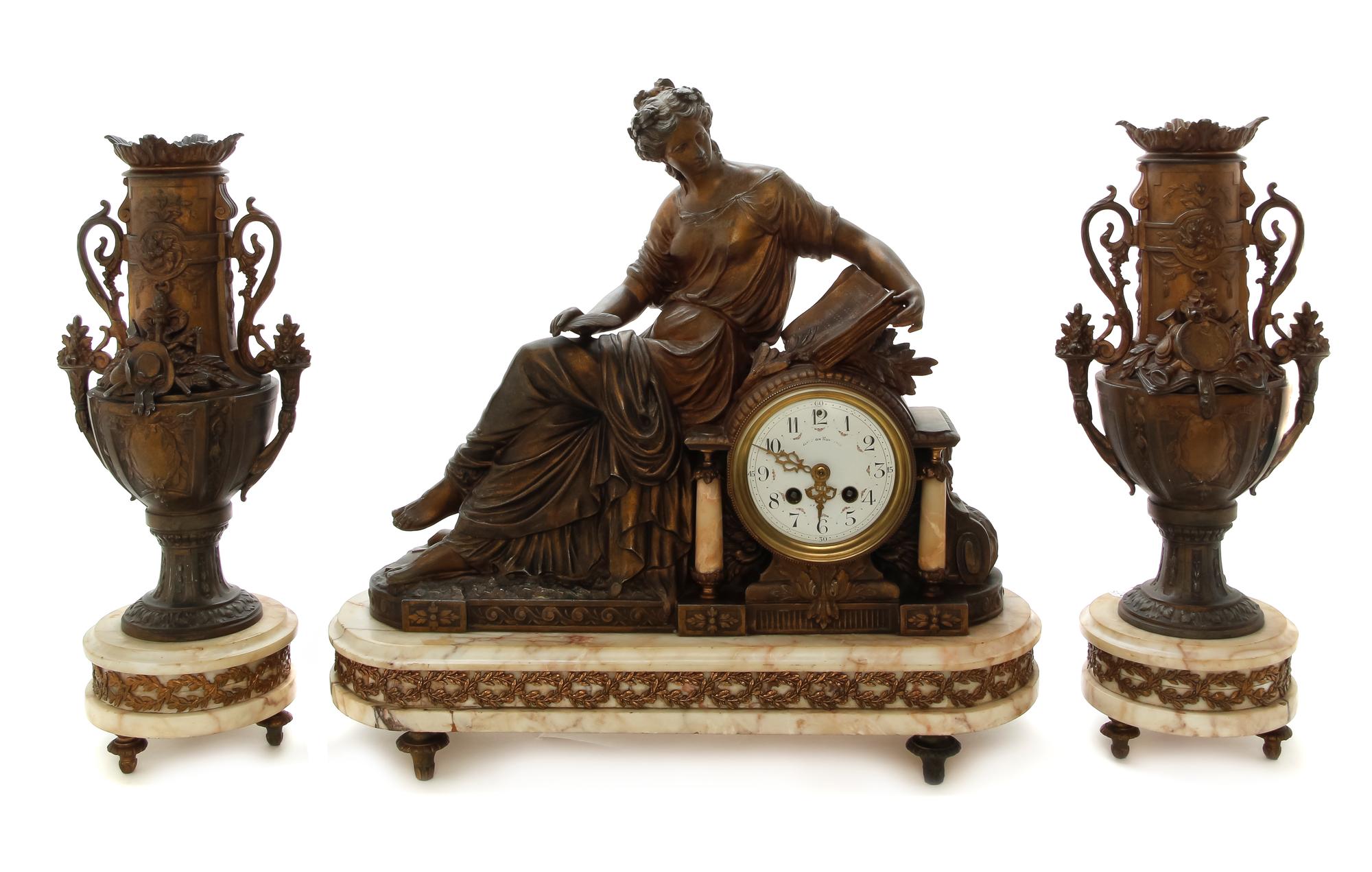 A Louis XVI Style Gilt Metal and Marble Clock Garniture, Height of clock 19 inches.