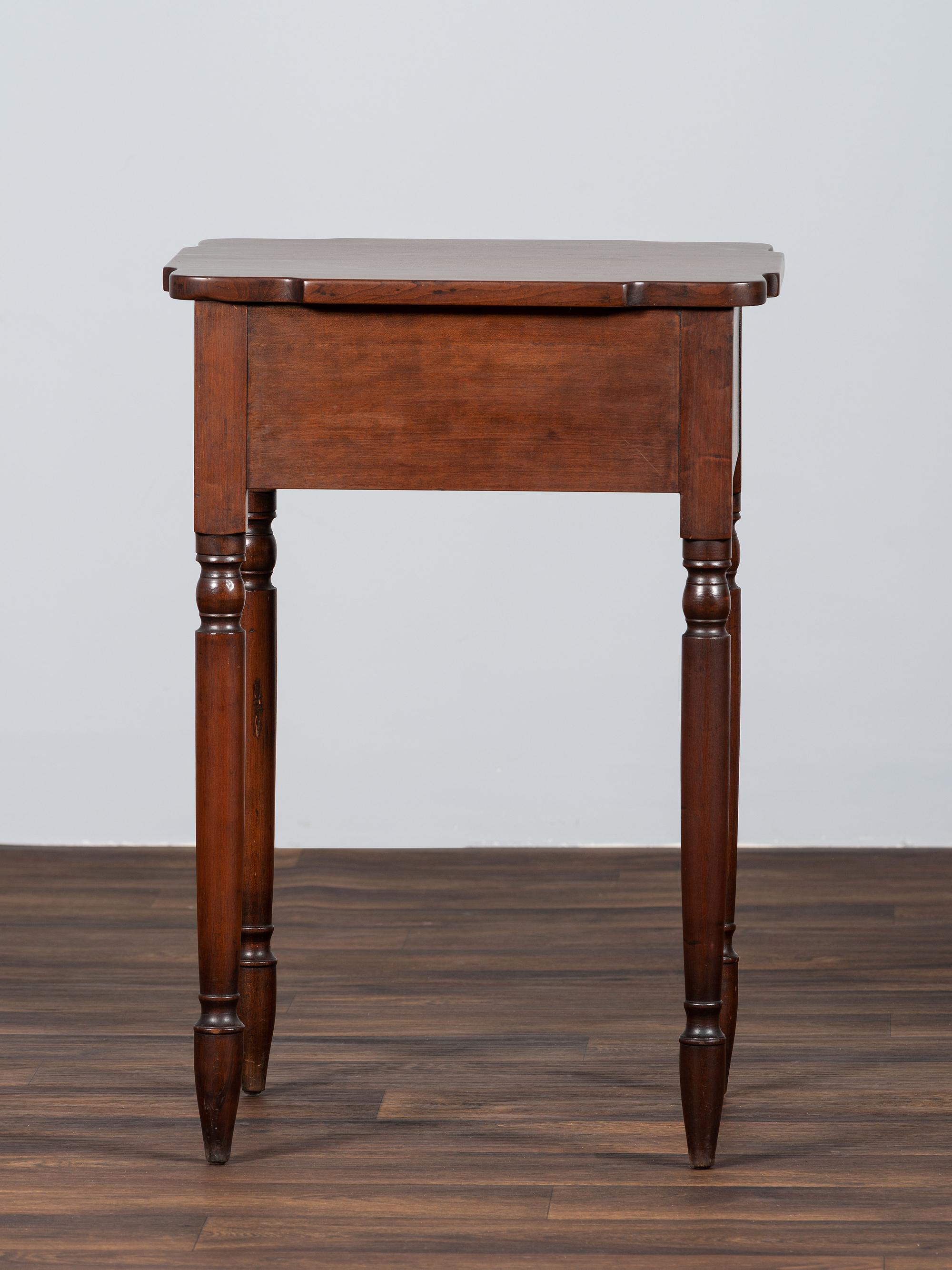 A Late Federal Carved Cherrywood and Tiger Maple One-Drawer Work Table