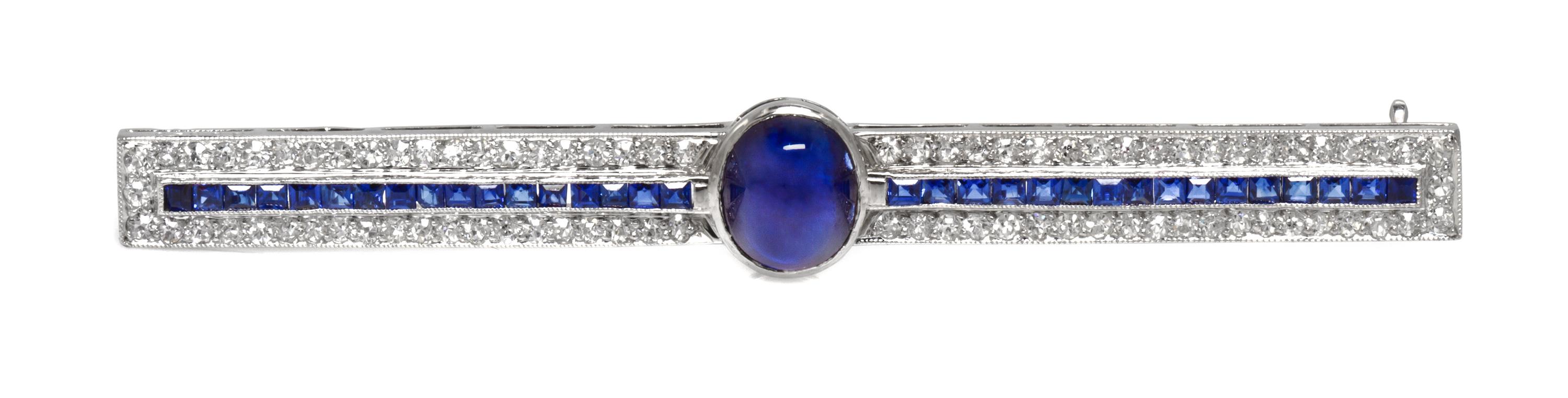 An Art Deco Platinum, Sapphire and Diamond Bar Brooch, 6.90 dwts.