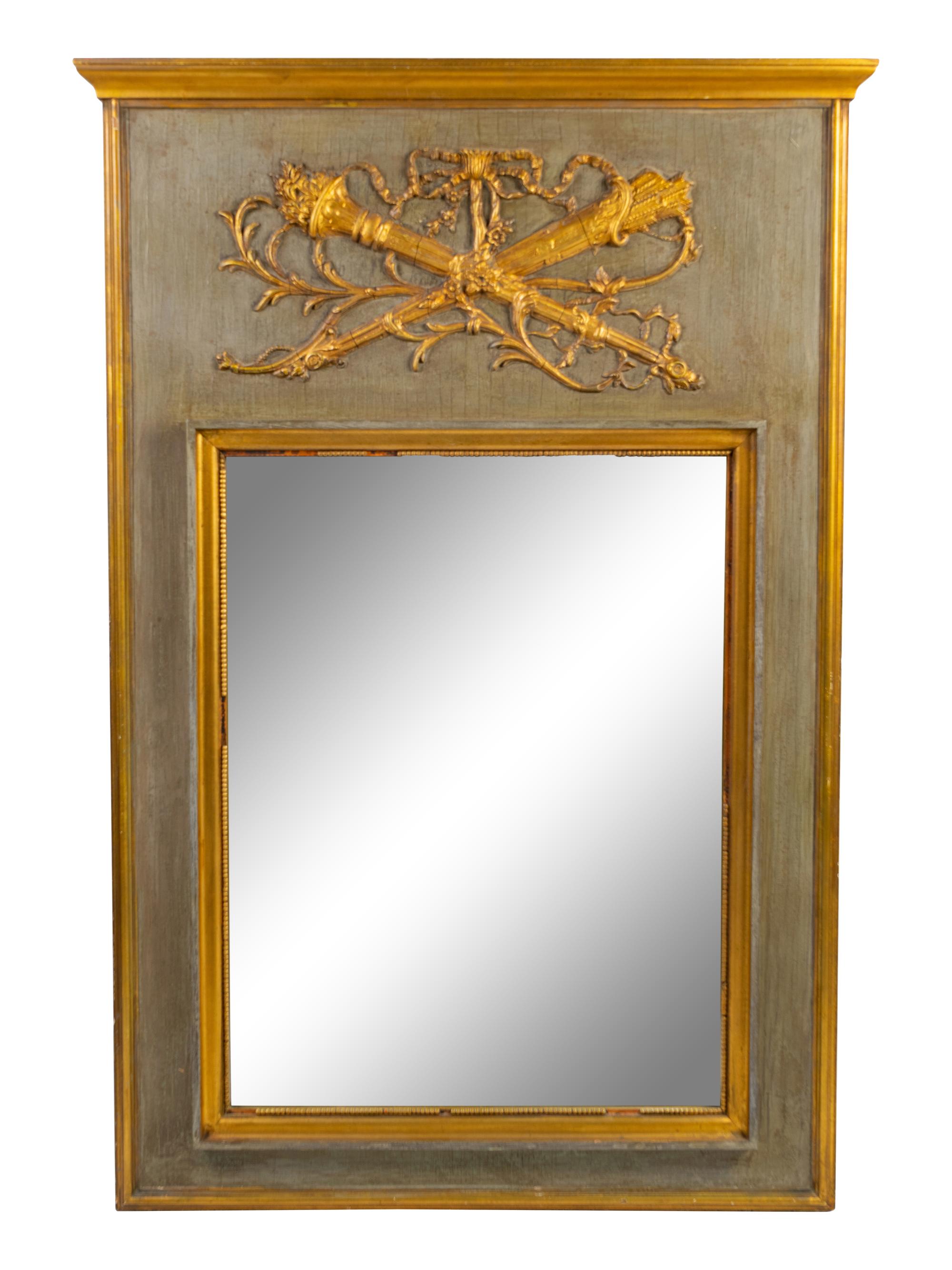 A Louis XVI Style Painted and Parcel Gilt Trumeau Mirror