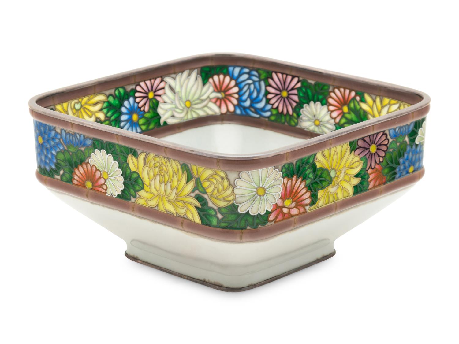 A Japanese Cloisonné-Enamel and Partial Plique-à-Jour Square Bowl