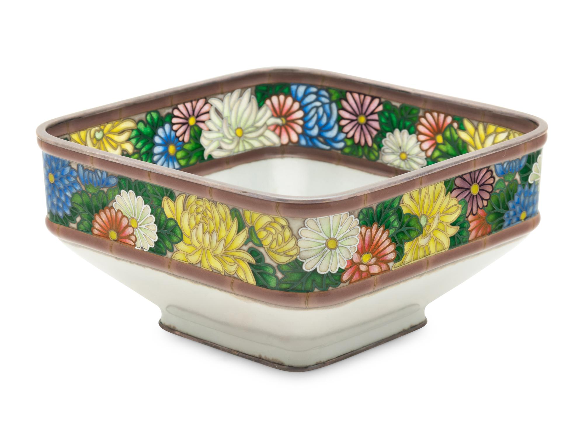 A Japanese Cloisonné-Enamel and Partial Plique-à-Jour Square Bowl