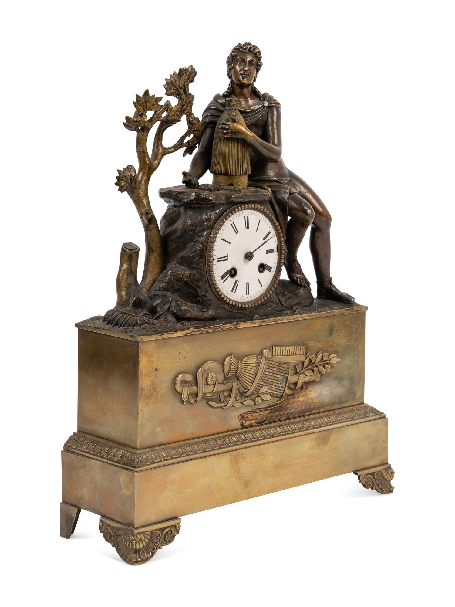 An Empire Style Gilt and Patinated Bronze Figural Mantel Clock
