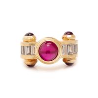 YELLOW GOLD, SYNTHETIC RUBY AND DIAMOND RING