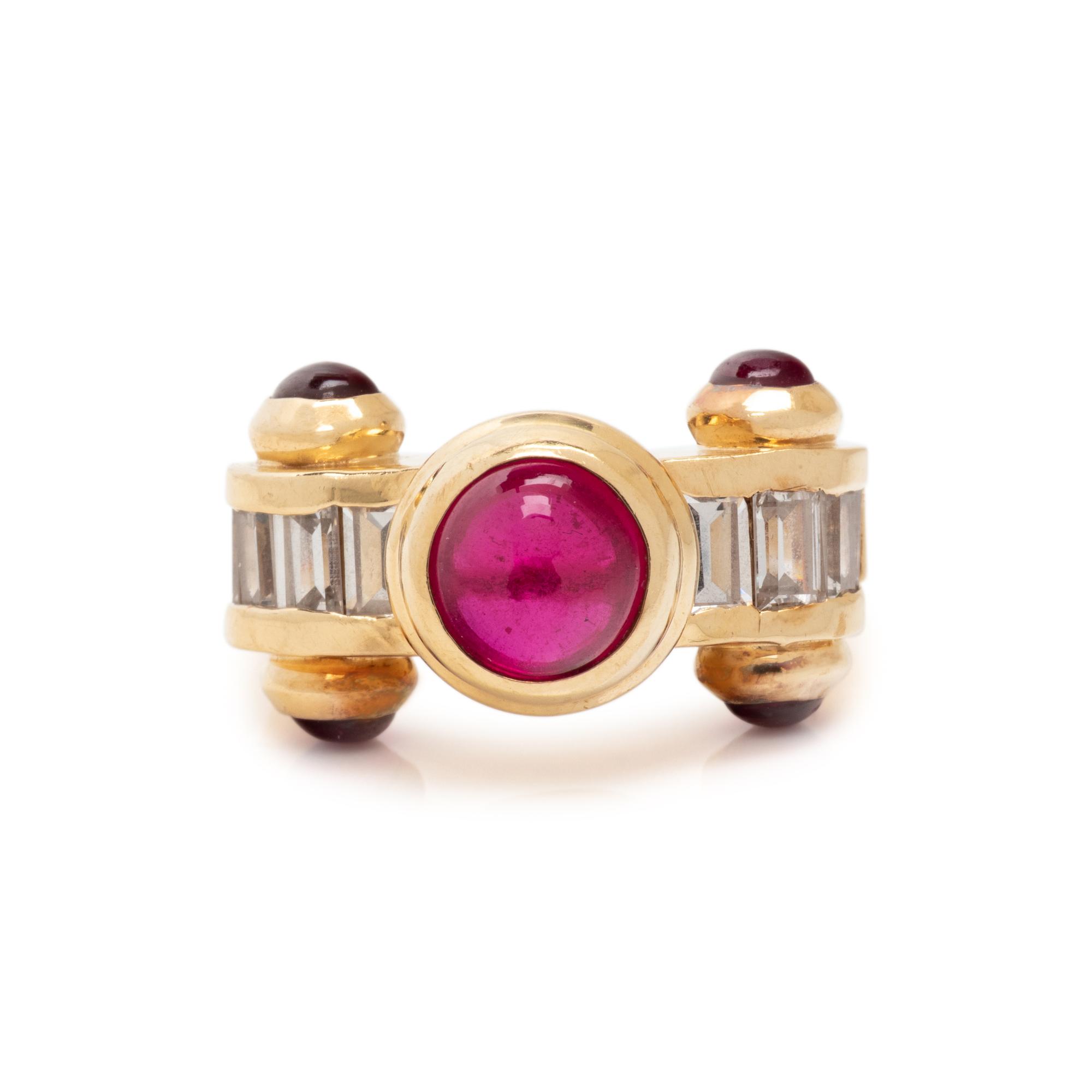 YELLOW GOLD, SYNTHETIC RUBY AND DIAMOND RING