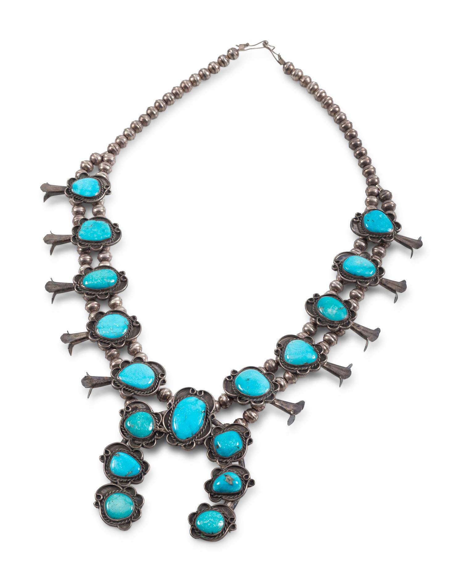 Navajo Silver and Turquoise Squash Blossom Necklace
