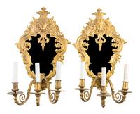 A Pair of Neoclassical Gilt Bronze Two-Light Sconces Height 23 inches.