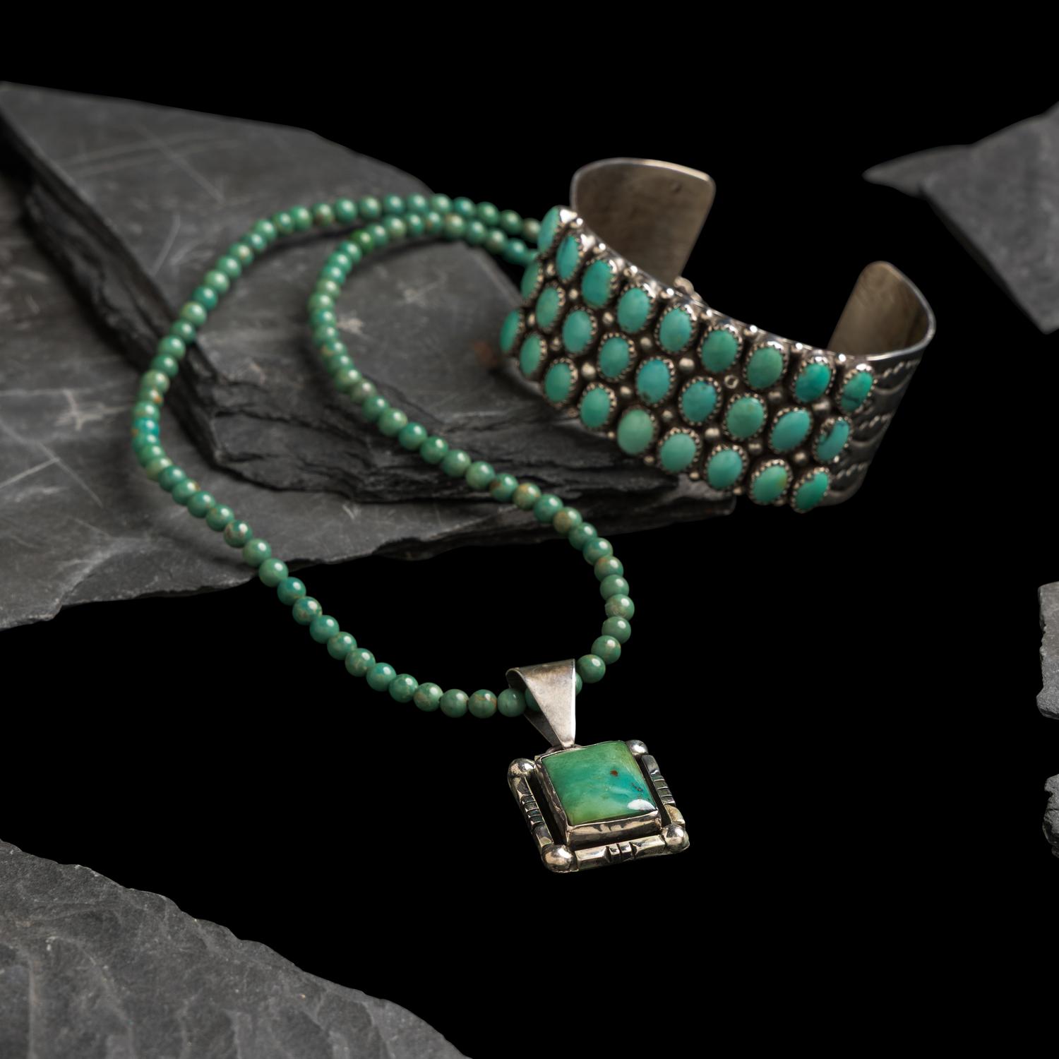 Navajo Sterling Silver and Turquoise Cuff Bracelet and Necklace