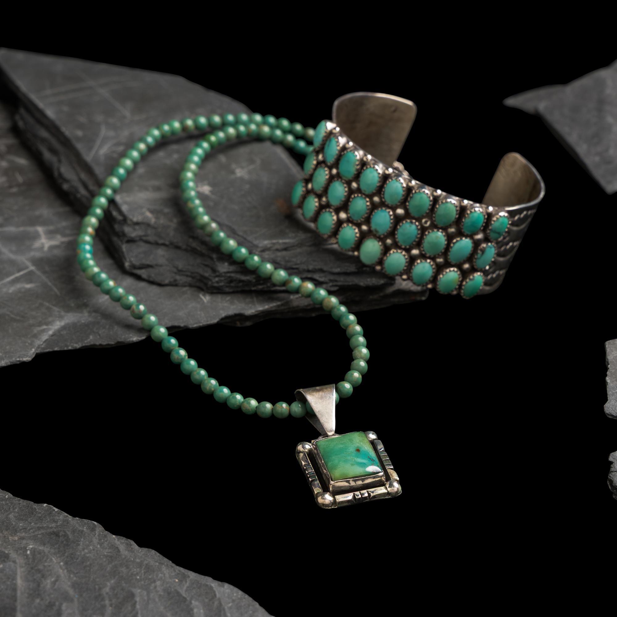 Navajo Sterling Silver and Turquoise Cuff Bracelet and Necklace