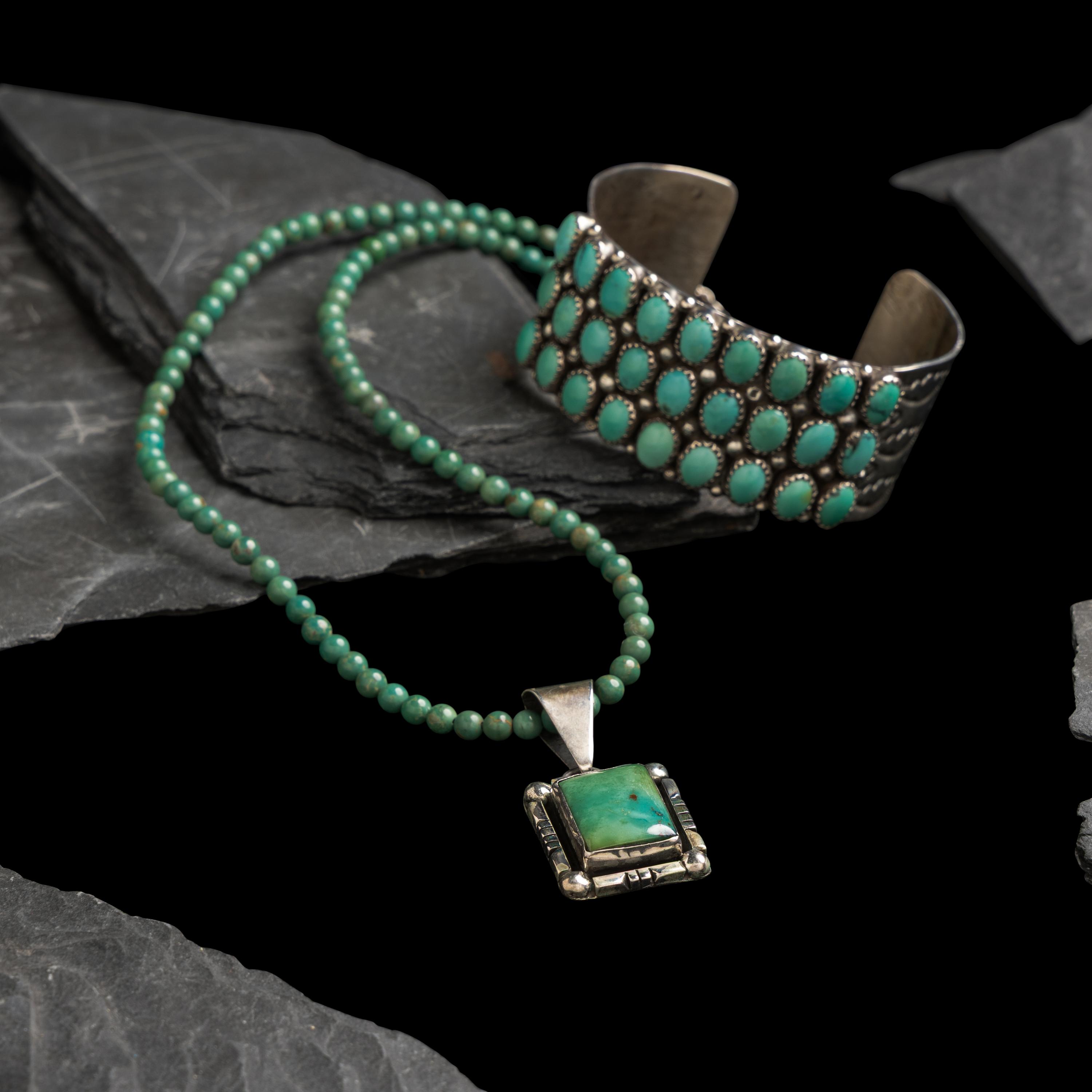 Navajo Sterling Silver and Turquoise Cuff Bracelet and Necklace