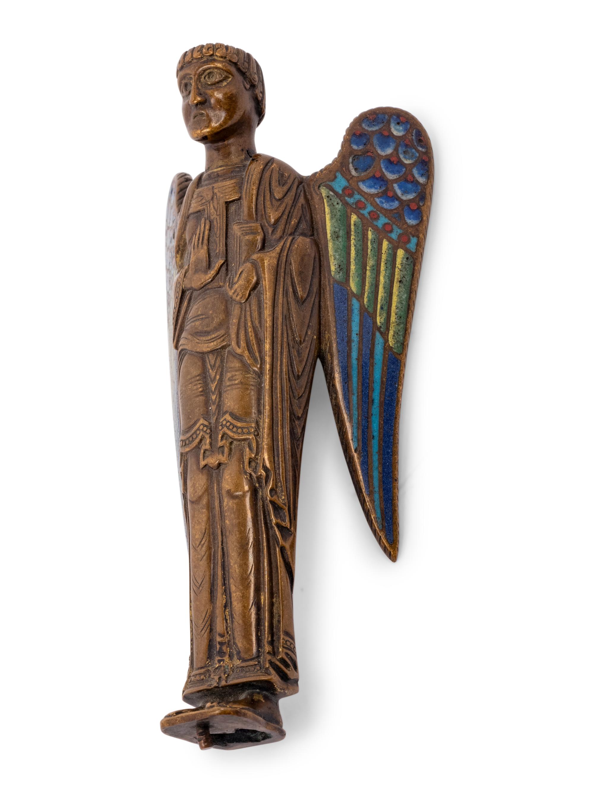 A Continental Enameled Bronze Figure of an Angel