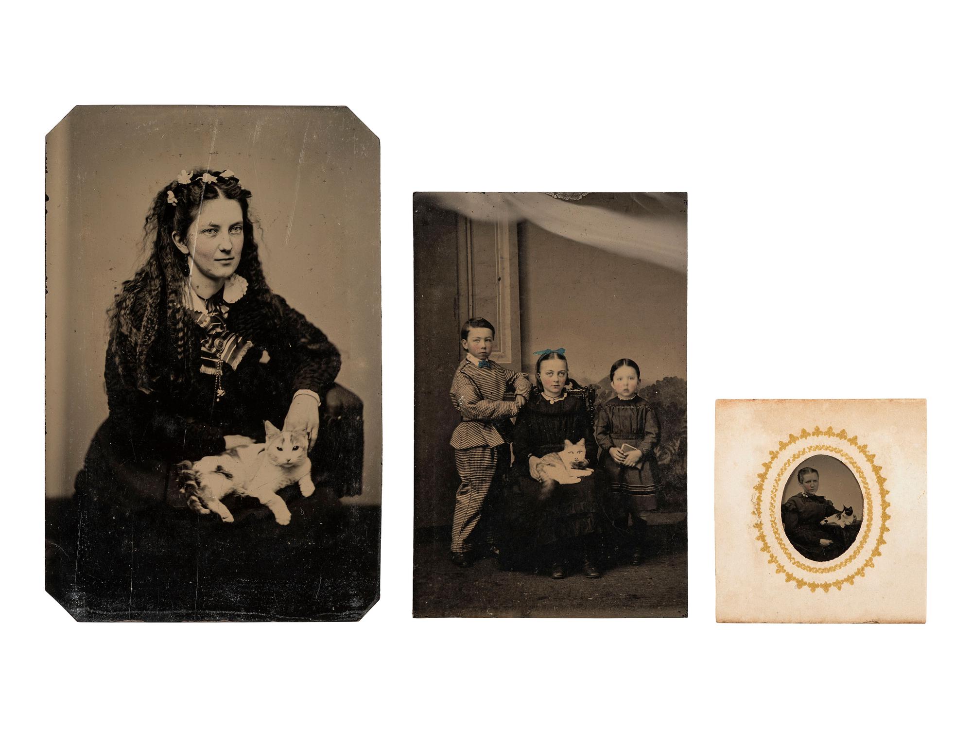 [EARLY PHOTOGRAPHY]. Tintypes of people with cats, incl. a charming portrait of 3 children and their feline friend by Hennigar of Lambertville, NJ.