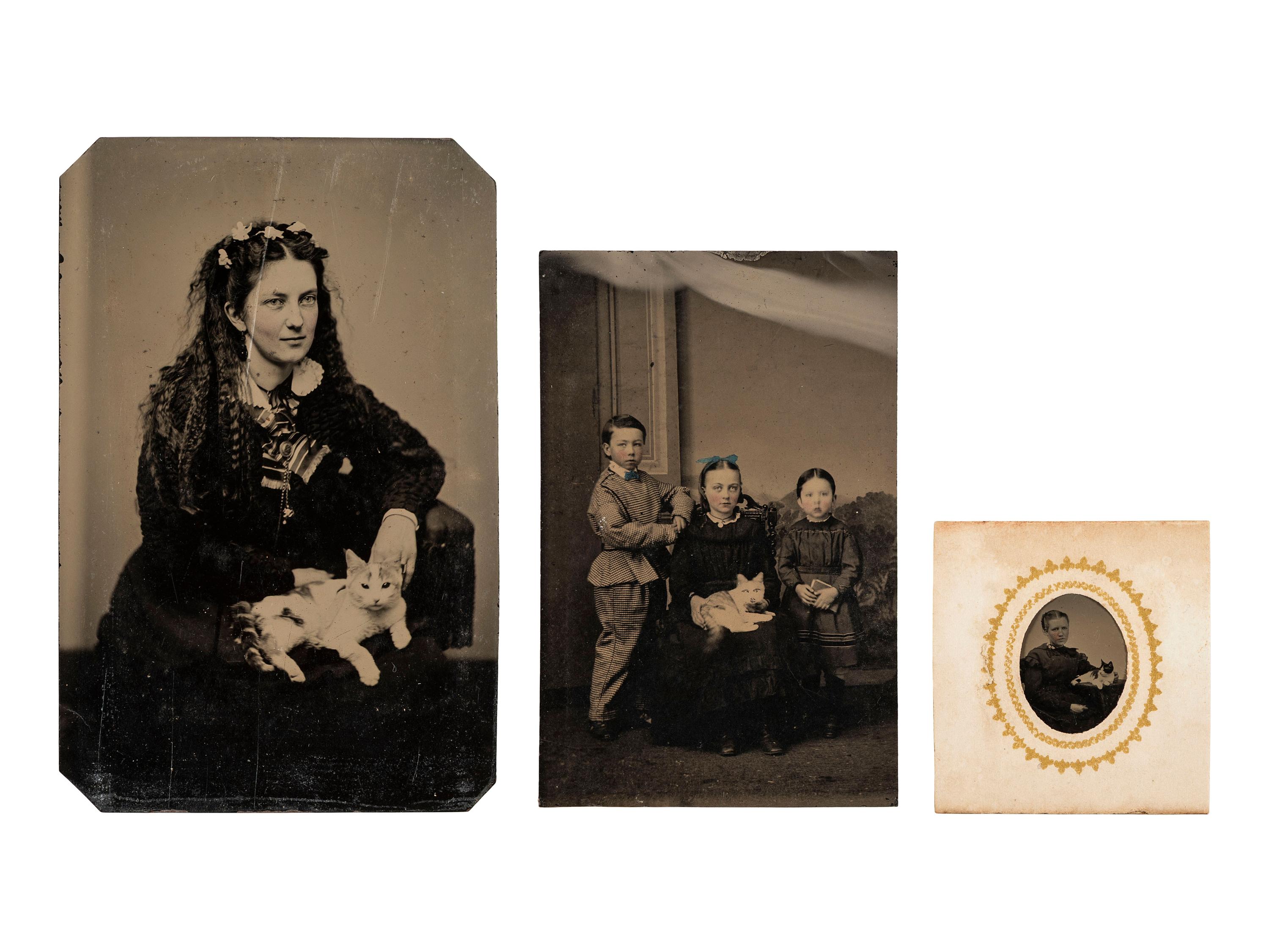 [EARLY PHOTOGRAPHY]. Tintypes of people with cats, incl. a charming portrait of 3 children and their feline friend by Hennigar of Lambertville, NJ.